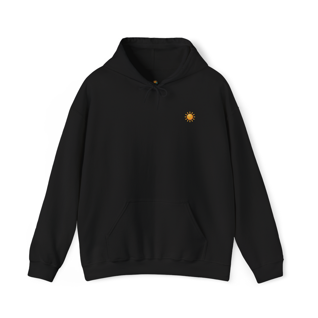 Sunshine-Hoodie Black – Frontalansicht mit Sonnenlogo