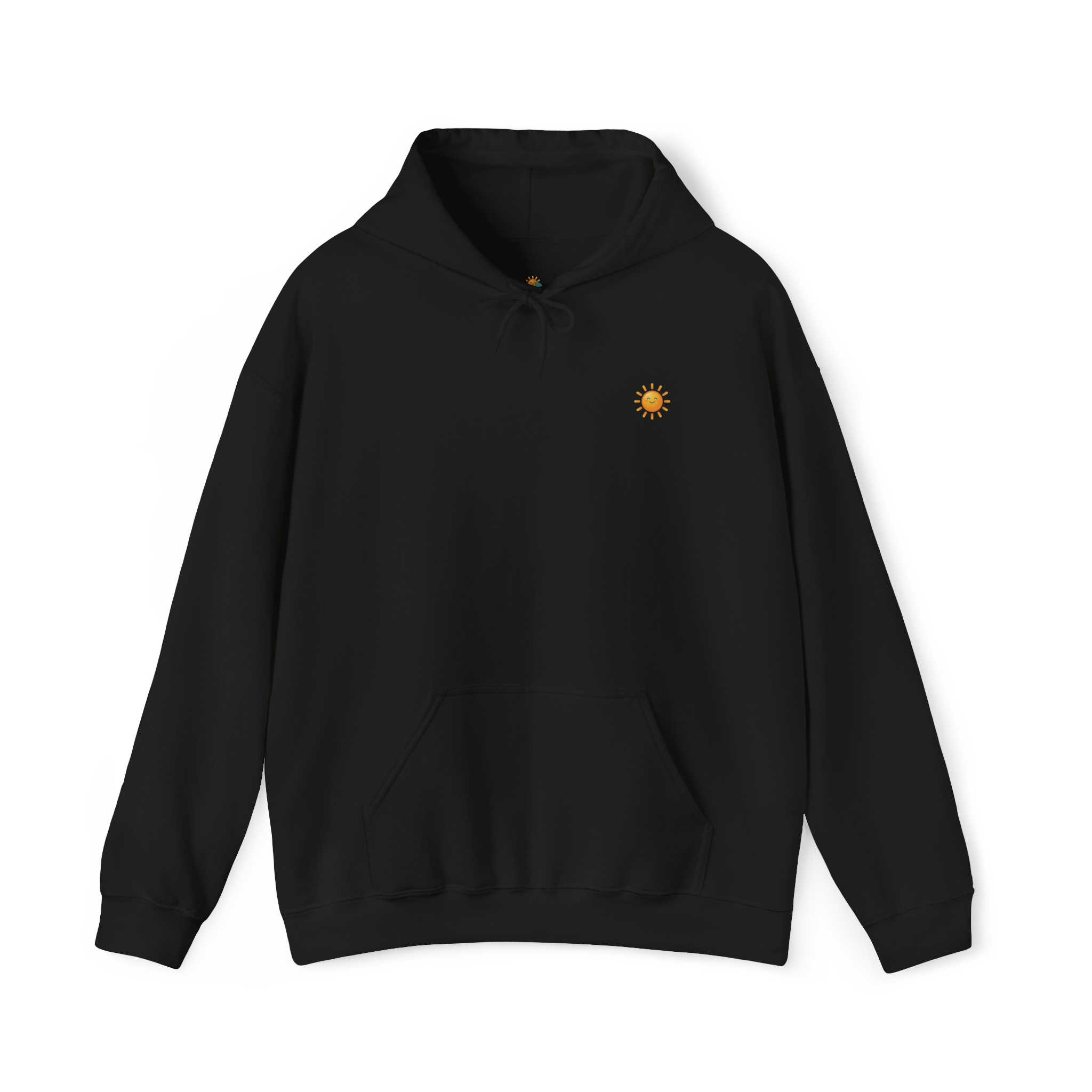 Sunshine-Hoodie Black – Frontalansicht mit Sonnenlogo