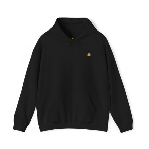 Sunshine-Hoodie Black – Frontalansicht mit Sonnenlogo