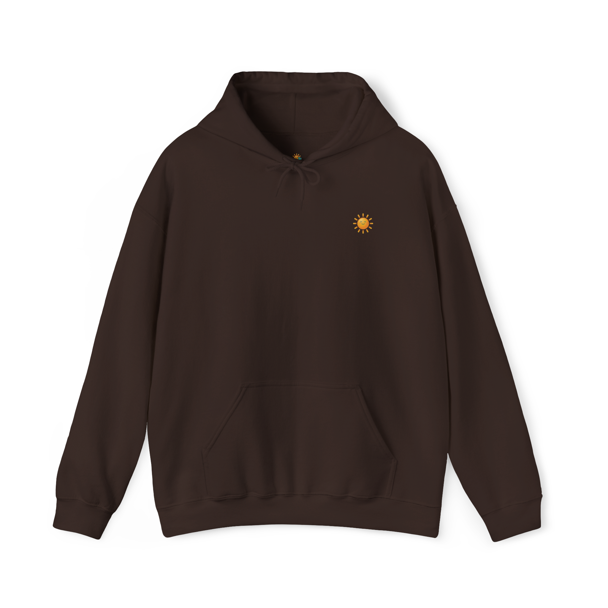 Sunshine-Hoodie Dark Chocolate – Frontalansicht mit Sonnenlogo