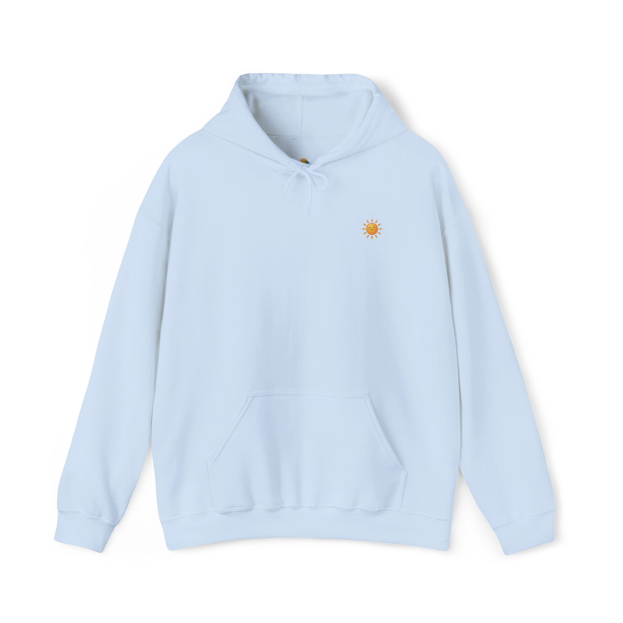 Sunshine-Hoodie Hellblau – Frontalansicht mit Sonnenlogo