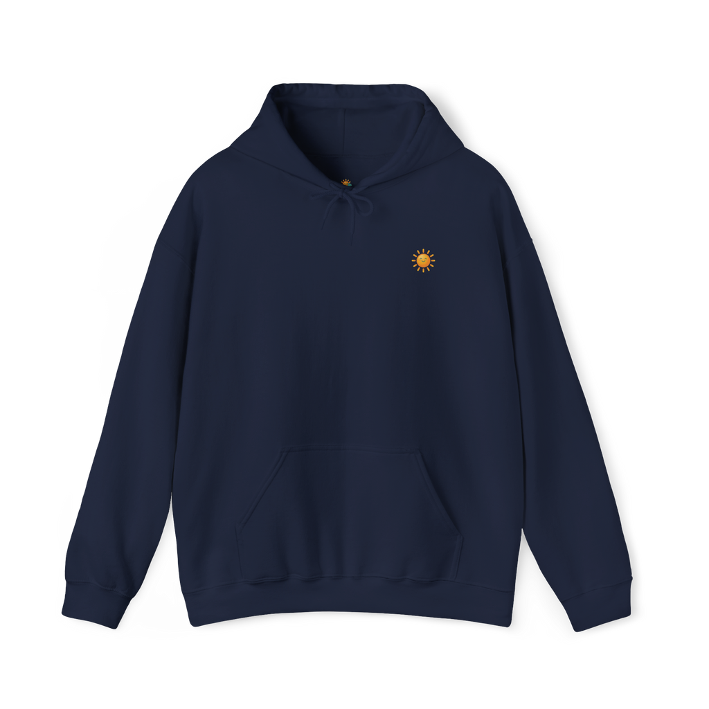 Sunshine-Hoodie Navy – Frontalansicht mit Sonnenlogo