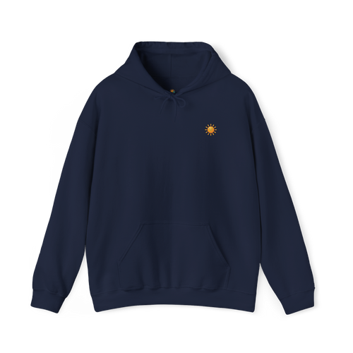 Sunshine-Hoodie Navy – Frontalansicht mit Sonnenlogo