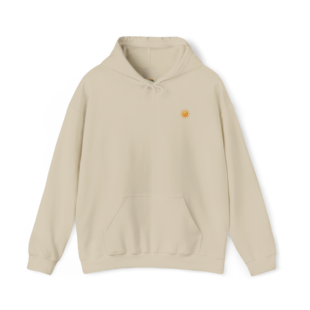 Sunshine-Hoodie Sand – Frontalansicht mit Sonnenlogo