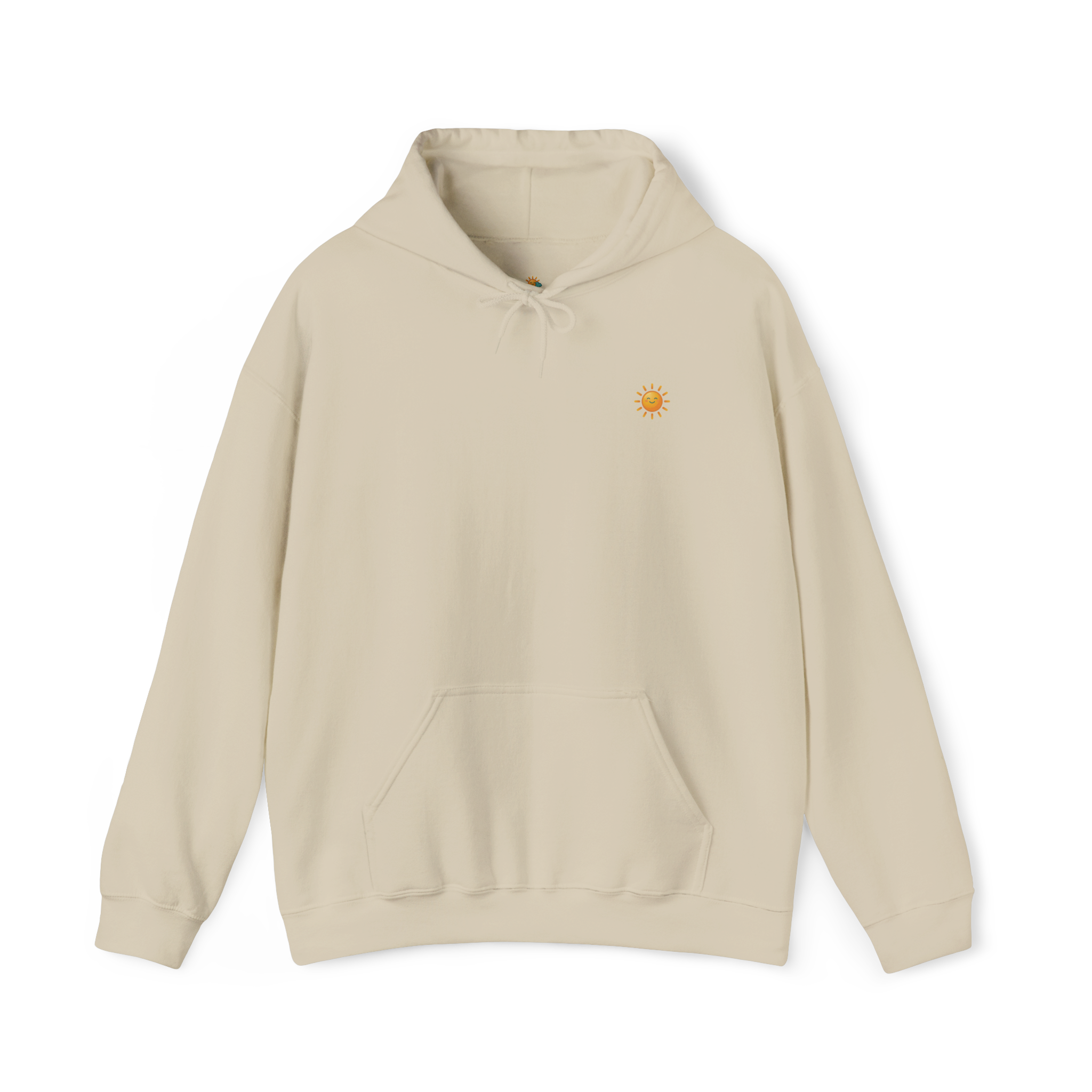Sunshine-Hoodie Sand – Frontalansicht mit Sonnenlogo