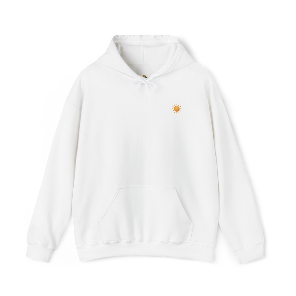 Sunshine-Hoodie Weiß – Frontalansicht mit Sonnenlogo