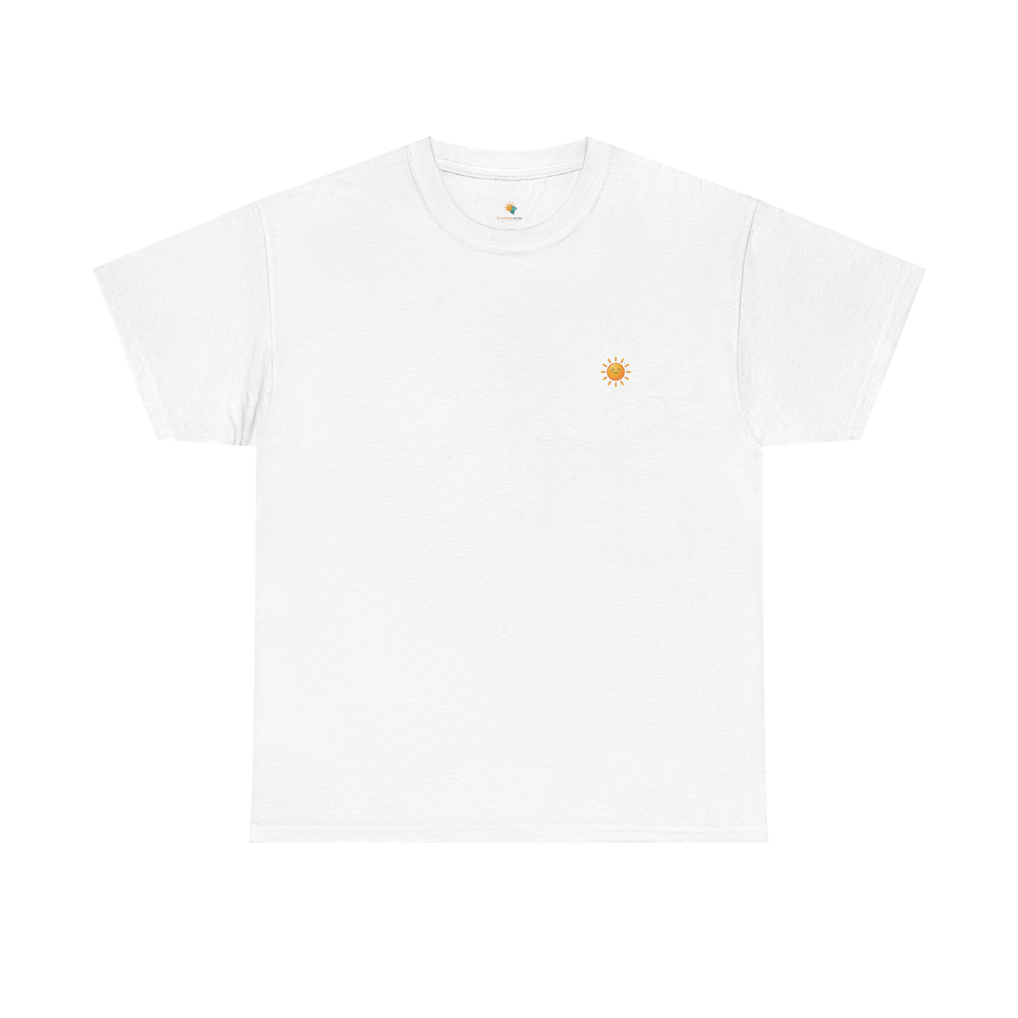 Sunshine-Shirt Weiß – Frontalansicht mit Sonnenlogo